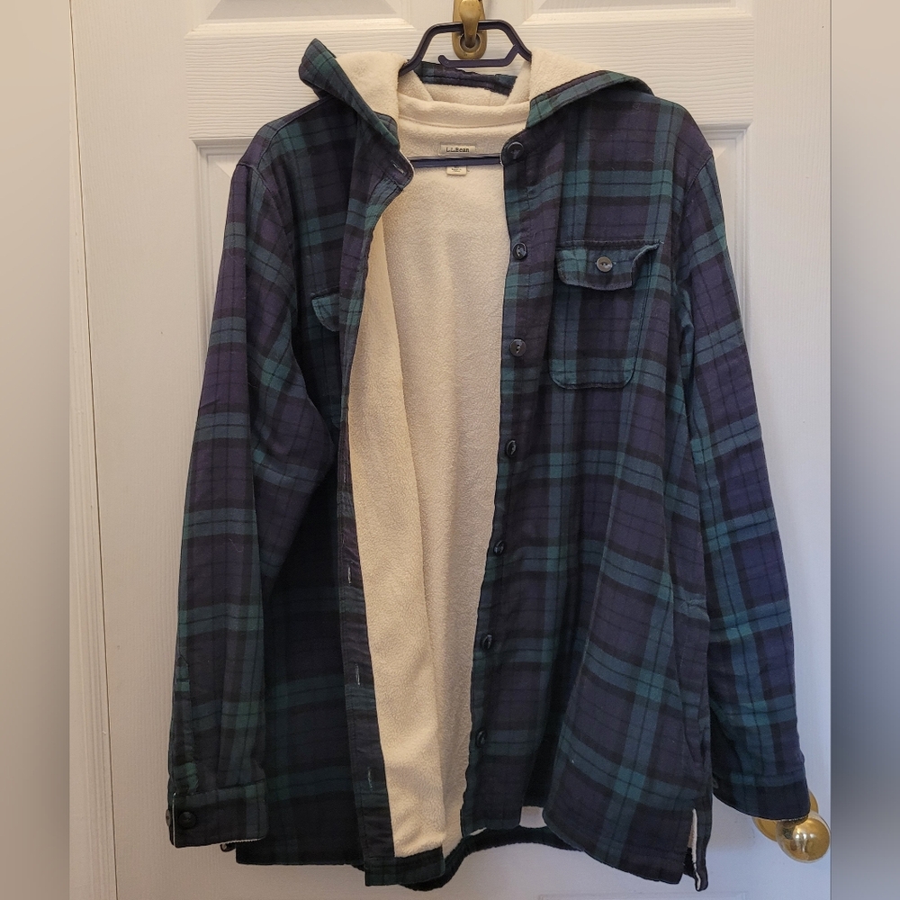 LL BEAN FLEECE LINED PLAID FLANNEL HOODIE SHACKET WOMEN'S SIZE  LARGE - Picture 6 of 16